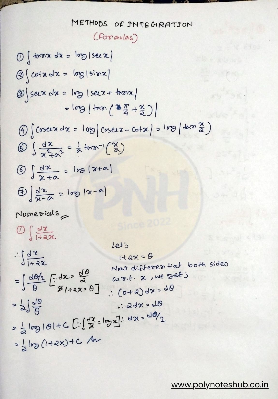 Methods of Integration PDF Notes -1 | Handwritten | Diploma & Polytechnic Mathematics-2 | Study Notes by Poly Notes Hub