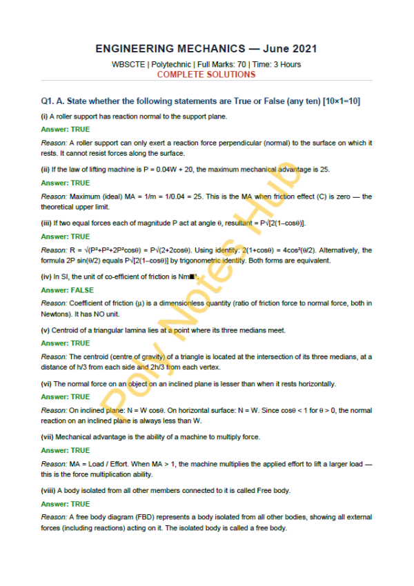 Engineering Mechanics 2021–2025 Question Papers Solution PDF | WBSCTE ...