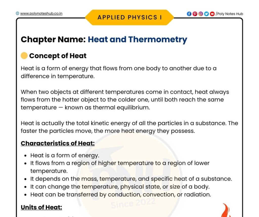 heat and thermometry notes pdf download of applied physics 1 or diploma 1st year - poly notes hub