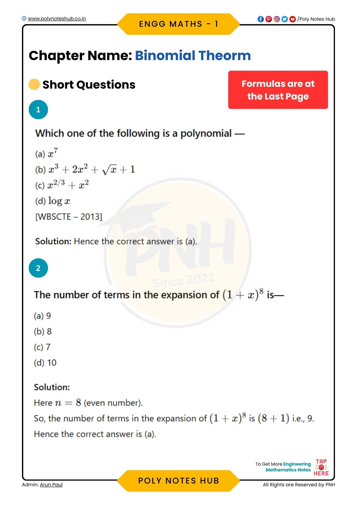Binomial Theorem PDF Notes Download [2026] - Poly Notes Hub