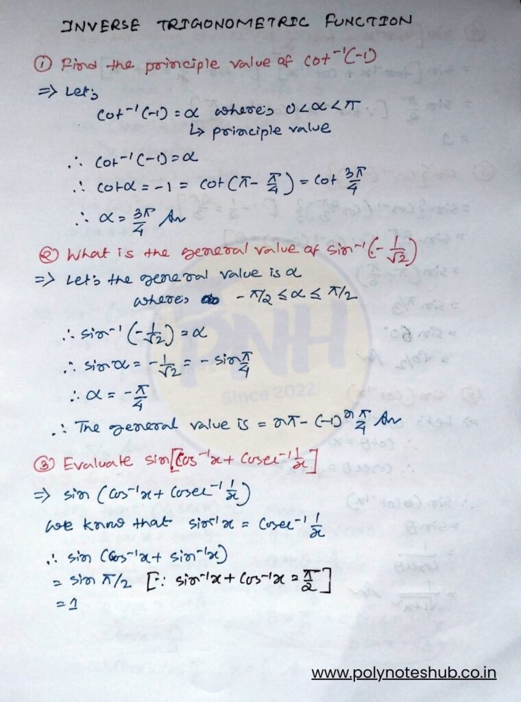 Inverse Trigonometric Functions Questions and Answers PDF - Poly Notes Hub