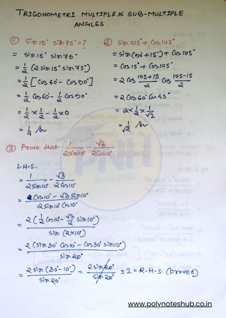 Trigonometry Multiple and Sub-Multiple Angles Problems with Solutions PDF - Poly Notes Hub