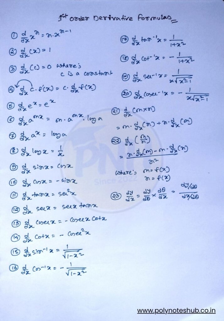 1st order derivative formulas - poly notes hub