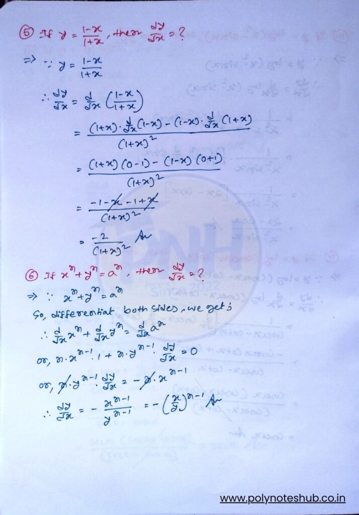 1st Order Derivatives Numerical Problems PDF with Solutions - poly notes hub
