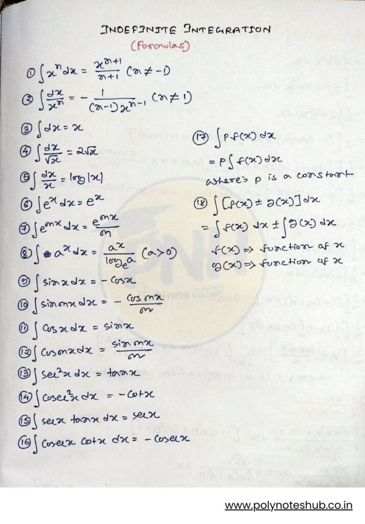 indefinite integration formulas pdf - poly notes hub
