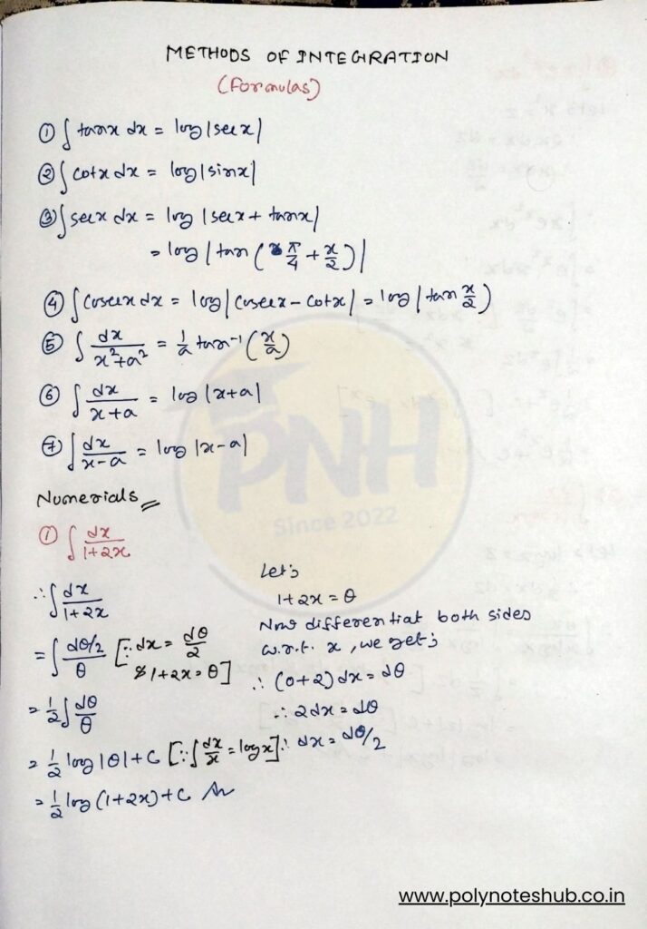 Formulas of methods of integration chapter of mathematics 2 - poly notes hub