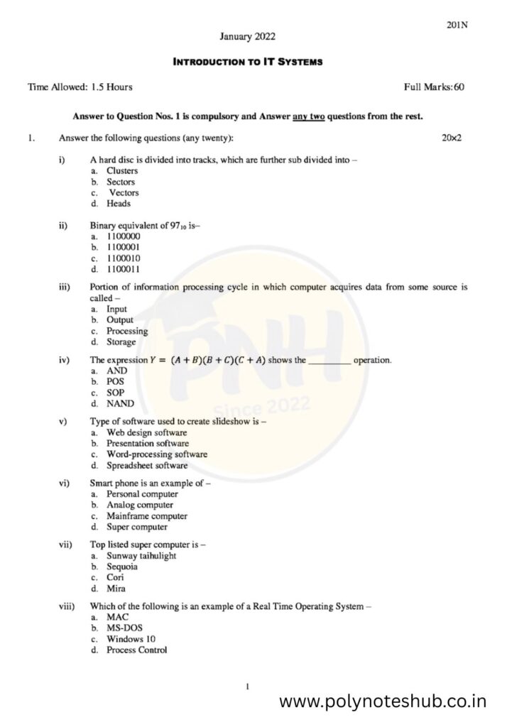 PYQ Papers of Introduction to IT System of 2nd Semester - poly notes hub