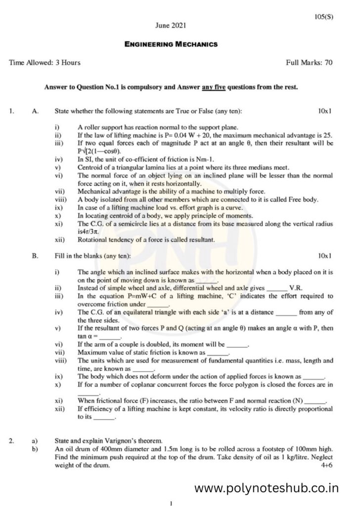 Download the PDF of Engineering Mechanics PYQ Papers of WBSCTE from 2021 to 2025 - poly notes hub