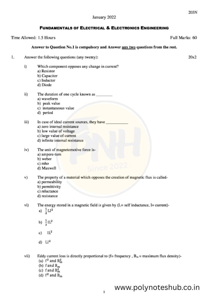 Fundamentals of Electrical and Electronics Engineering PYQ Papers of WBSCTE Board - poly notes hub