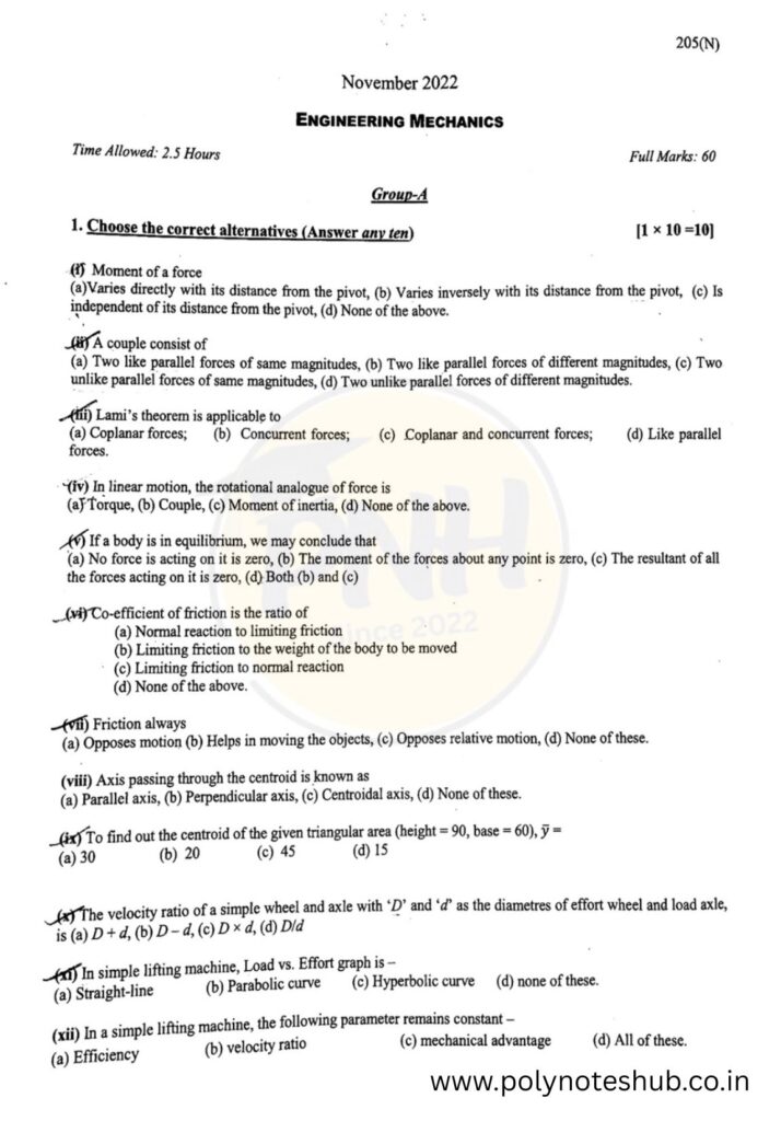 Previous Question Papers of Engineering Mechanics of WBSCTE Board - poly notes hub