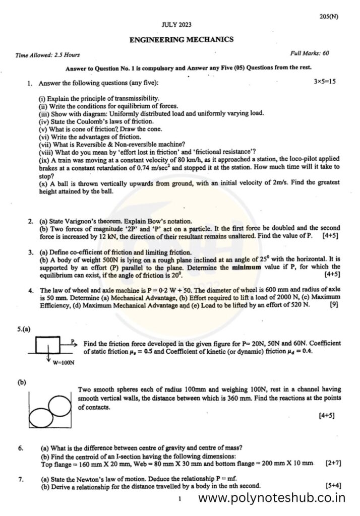 engineering mechanics question papers of final exam from 2021 to 2025 of wbscte board - poly notes hub