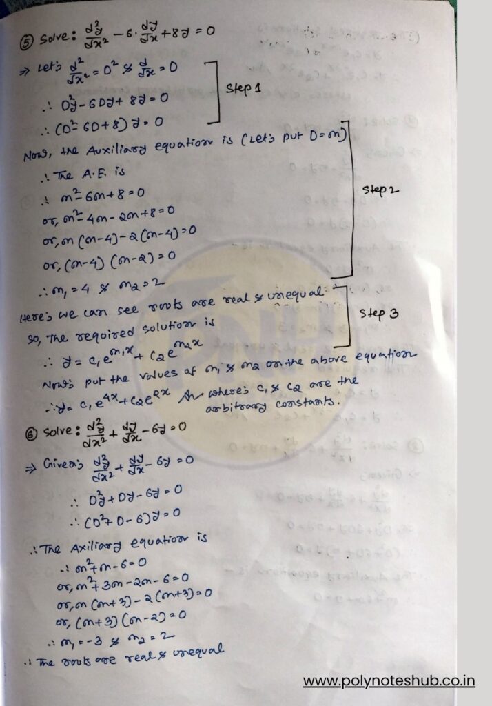 handwritten notes of 2nd Order Linear Ordinary Differential Equation Solutions with constant Coefficients - poly notes hub