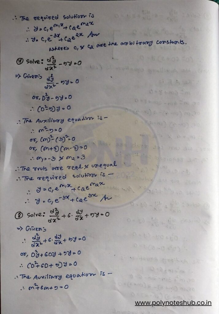 2nd Order Linear Ordinary Differential Equation Solutions with constant Coefficients - poly notes hub