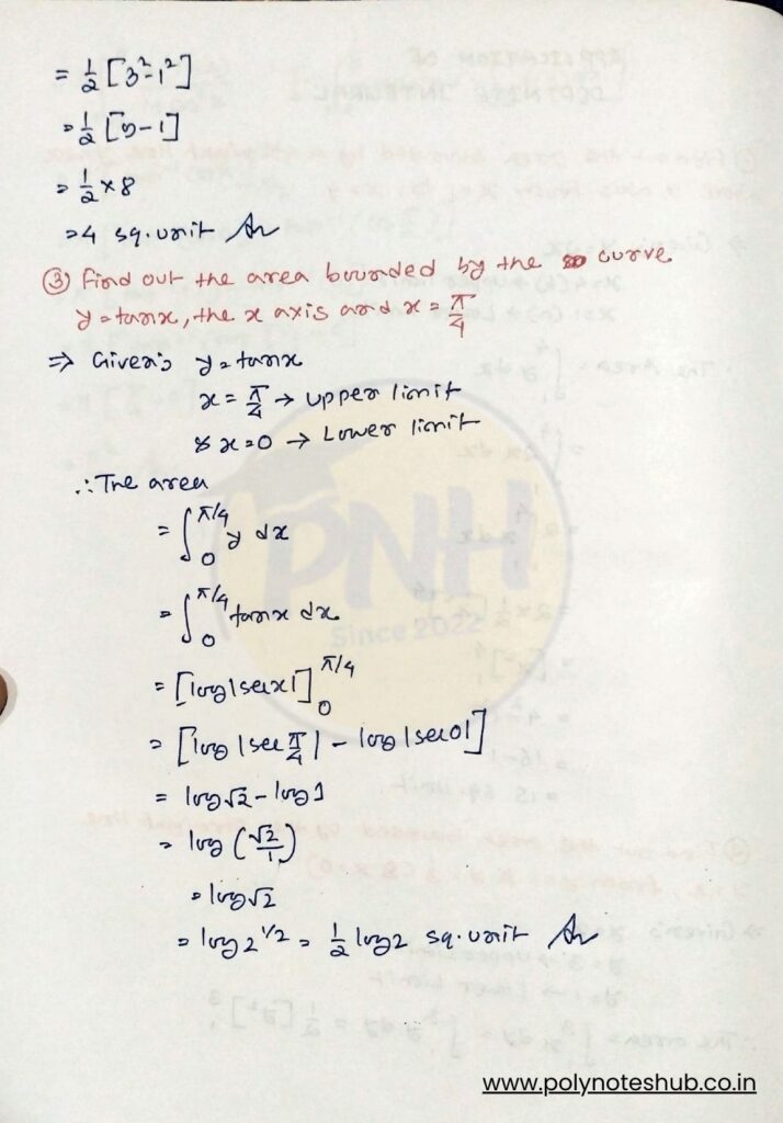 Applications of Definite Integral Numerical Questions and Answers handwritten notes pdf - poly notes hub