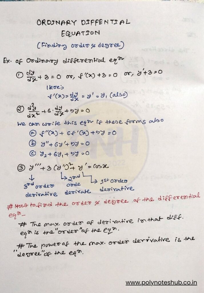 Handwritten Notes PDF of Finding Order and Degree of Ordinary Differential Equations - poly notes hub