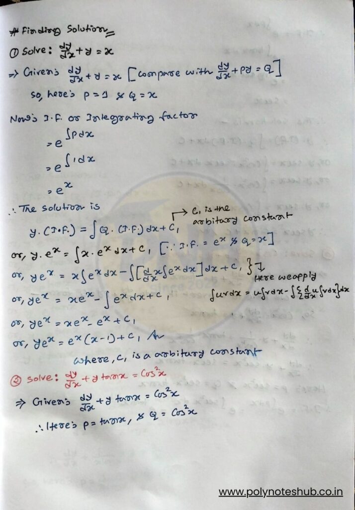 1st Order Linear Differential Equation Problems and Solutions PDF - poly notes hub