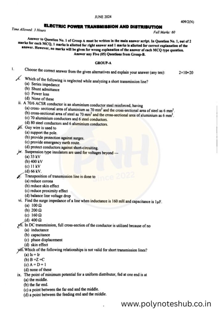 Download Electric Power Transmission and Distribution 2024 Question Paper PDF of WBSCTE board - poly notes hub