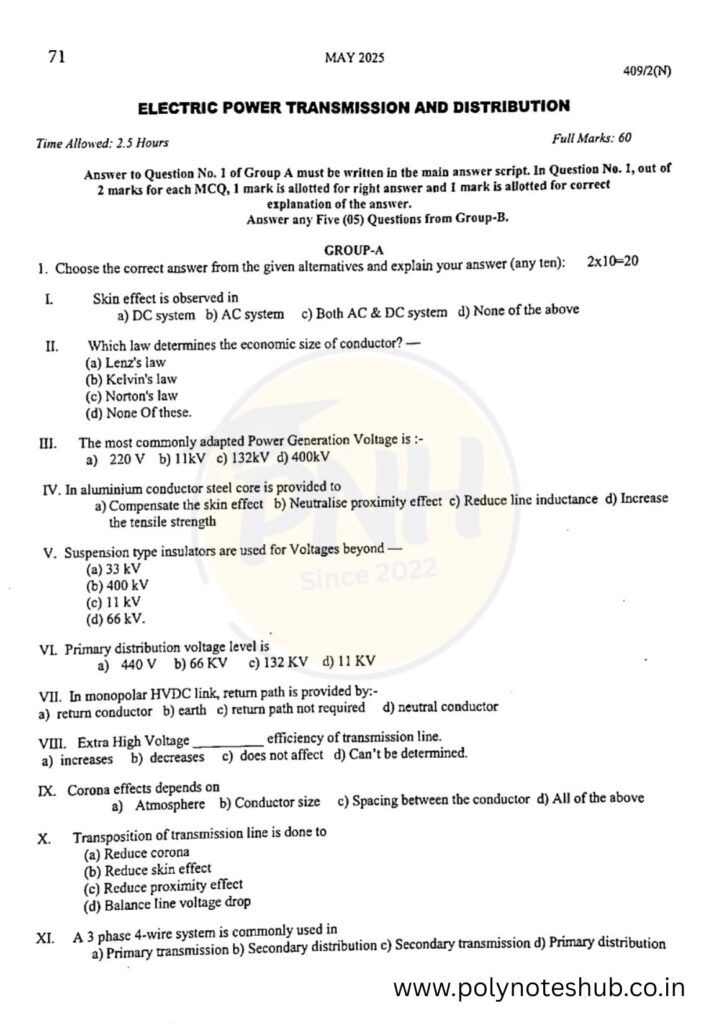 EE 4th Sem 2025 Question Papers PDFs of WBSCTE Board - poly notes hub