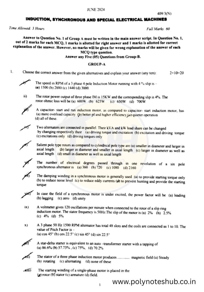 Download Induction, Synchronous and Special Electrical Machines 2024 Question Paper PDF of WBSCTE Board - poly notes hub