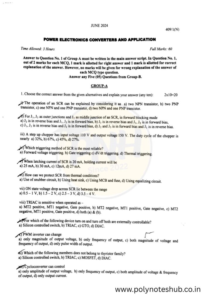 Download Power Electronics Converters and Application 2024 Question Paper PDF of WBSCTE Board - poly notes hub