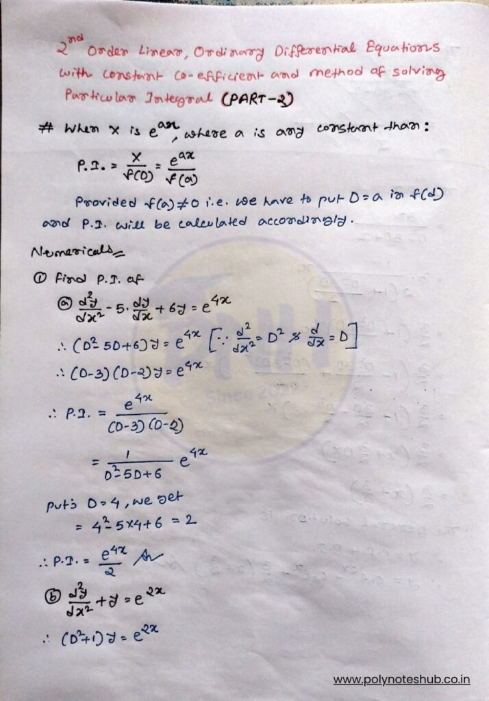 2nd Order Differential Equation Solution using Particular Integral (PI) | Part 2 - Poly Notes Hub