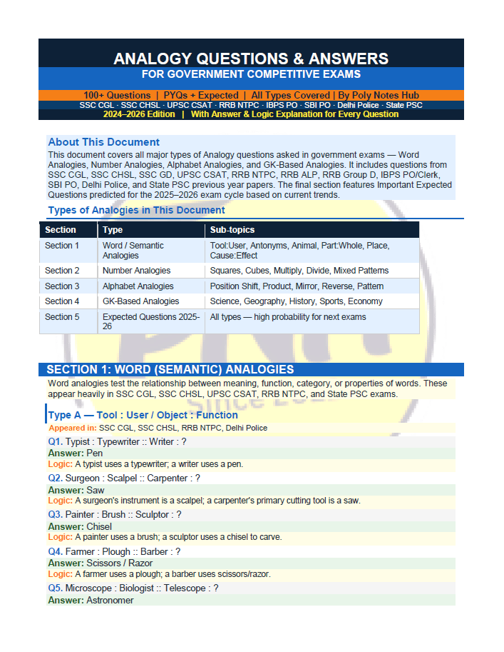analogy questions and answers pdf from logical reasoning which important for government exams - poly notes hub