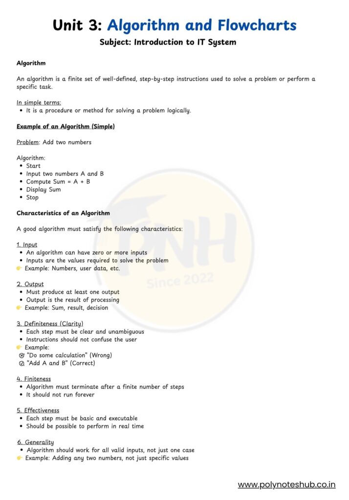 Algorithm and Flowchart Notes PDF From IT System Subject - poly notes hub