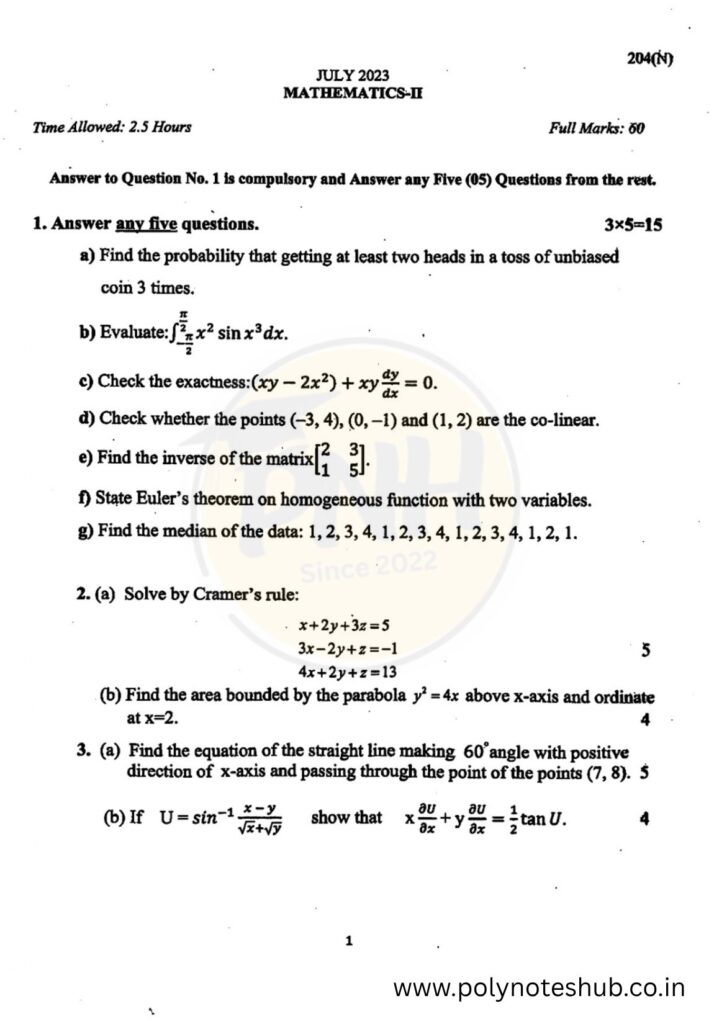 WBSCTE Mathematics 2 2023 Question Paper Solution PDF | New Topic - Poly Notes Hub