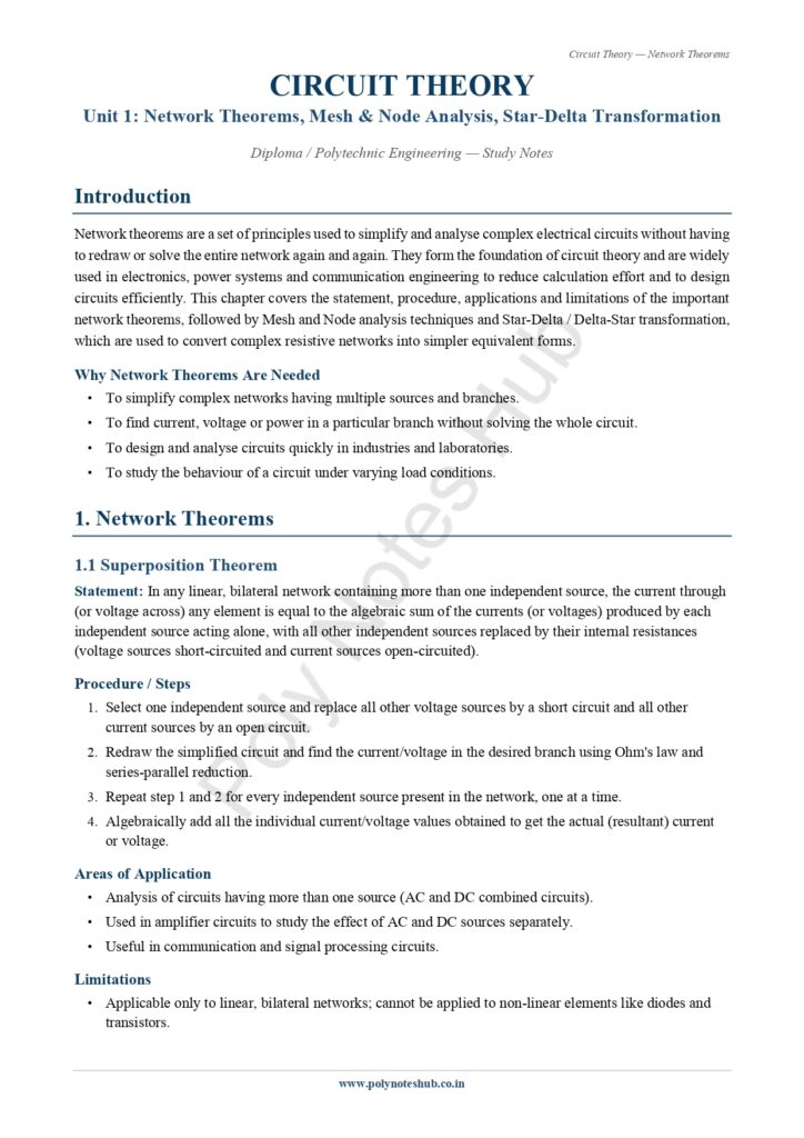Download Network Theorems Notes PDF (Free) from Circuit Theory or Network Theorem Subject - poly notes hub