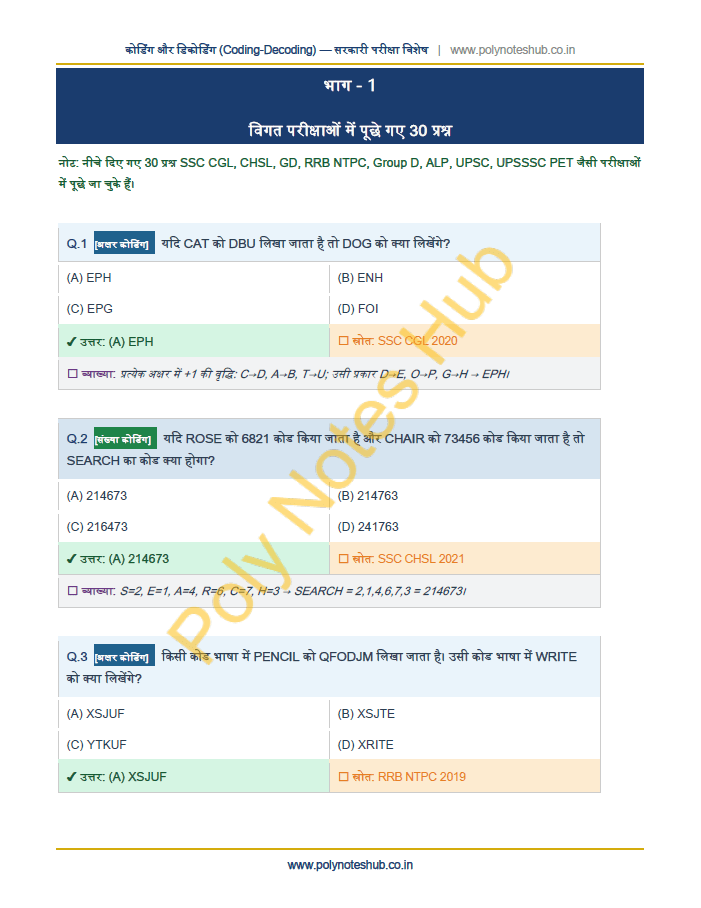 coding and decoding questions with answers pdf in Hindi Free Download - poly notes hub