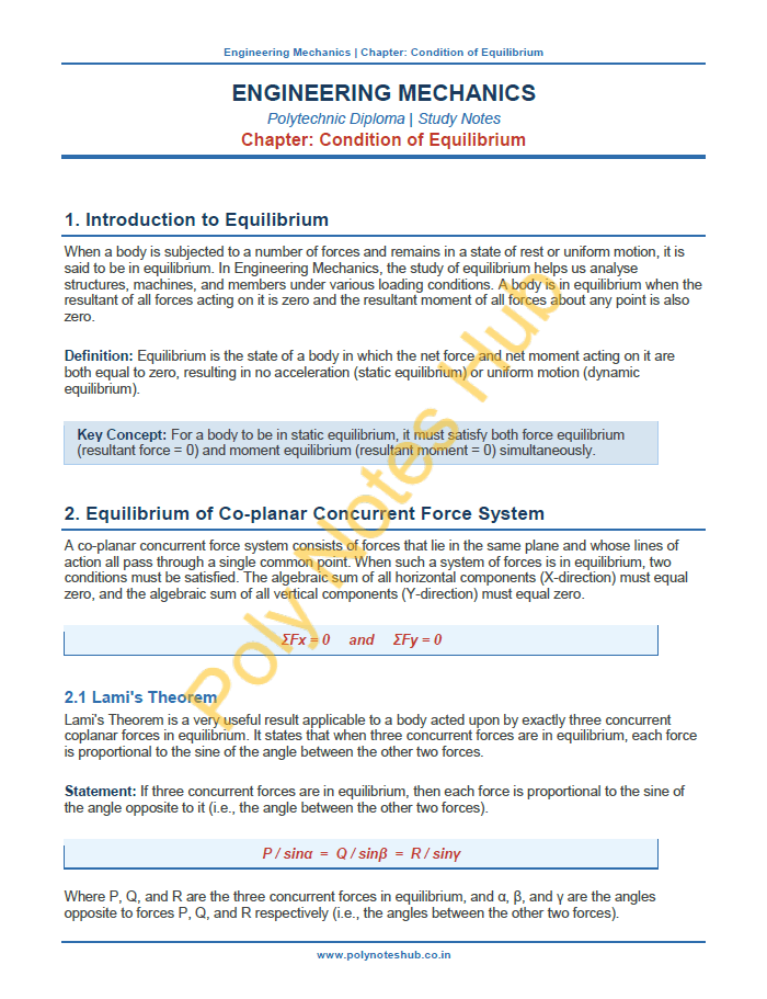 Condition of Equilibrium Notes PDF - Download Free | New Topic Poly Notes Hub Download Condition of Equilibrium Notes PDF from Engineering Mechanics Subject - poly notes hub