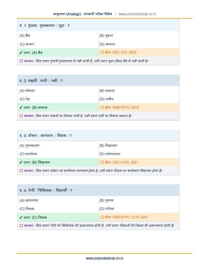 Analogies questions with answers pdf in Hindi for Different Government Exams - poly notes hub