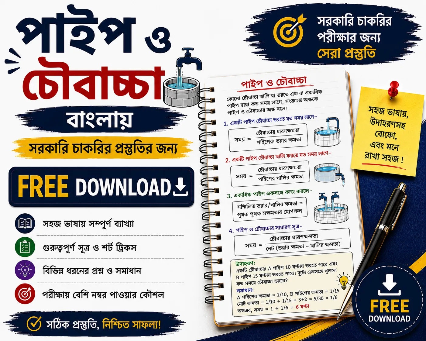 Pipes and Cistern Math in Bengali Free Download | Quantitative Aptitude PDFs Questions with Answers - Poly Notes Hub
