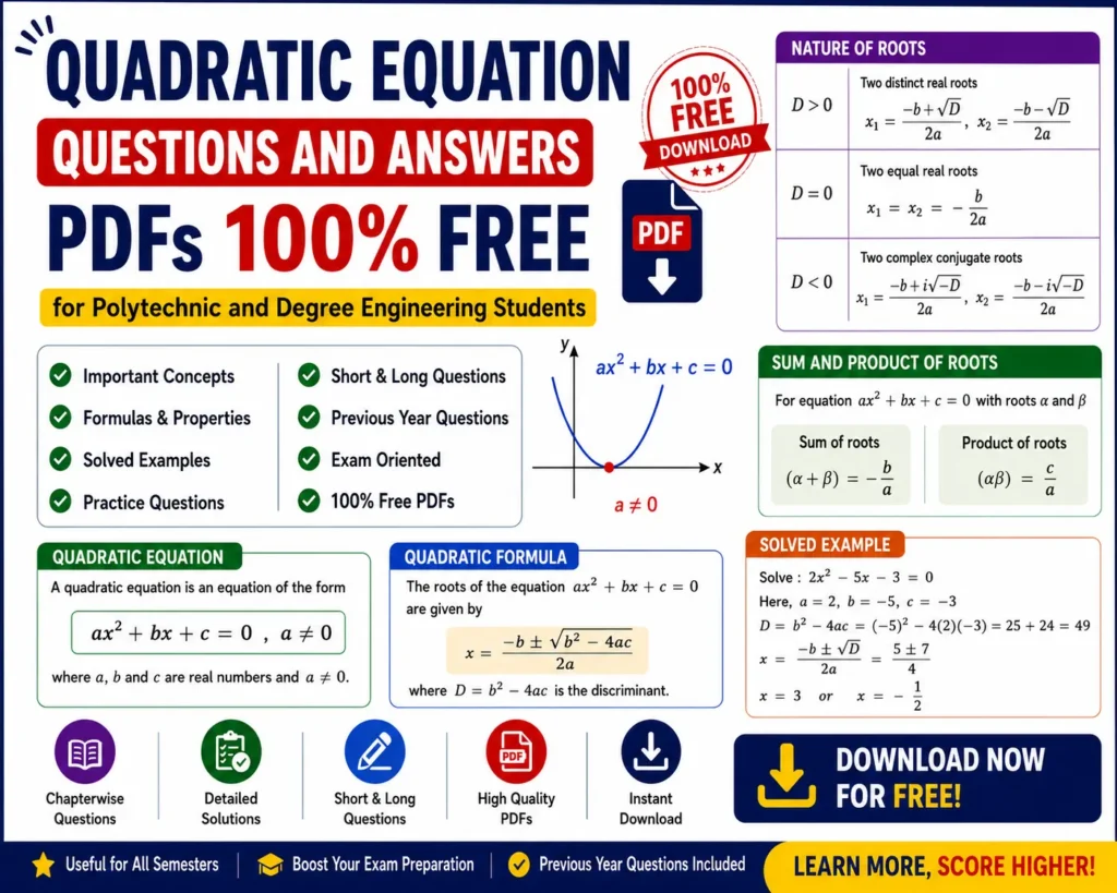Download Quadratic Equation Questions and Answers PDF 100% Free Notes from Mathematics 1 - Poly Notes Hub