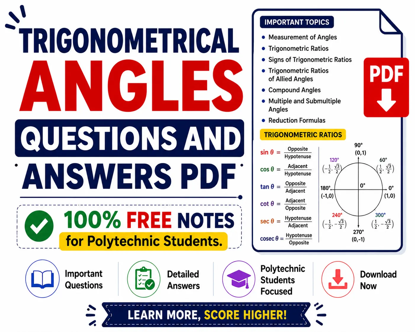 Download Trigonometrical Angles Questions and Answers PDF 100% Free Notes from Mathematics 1 - poly notes hub