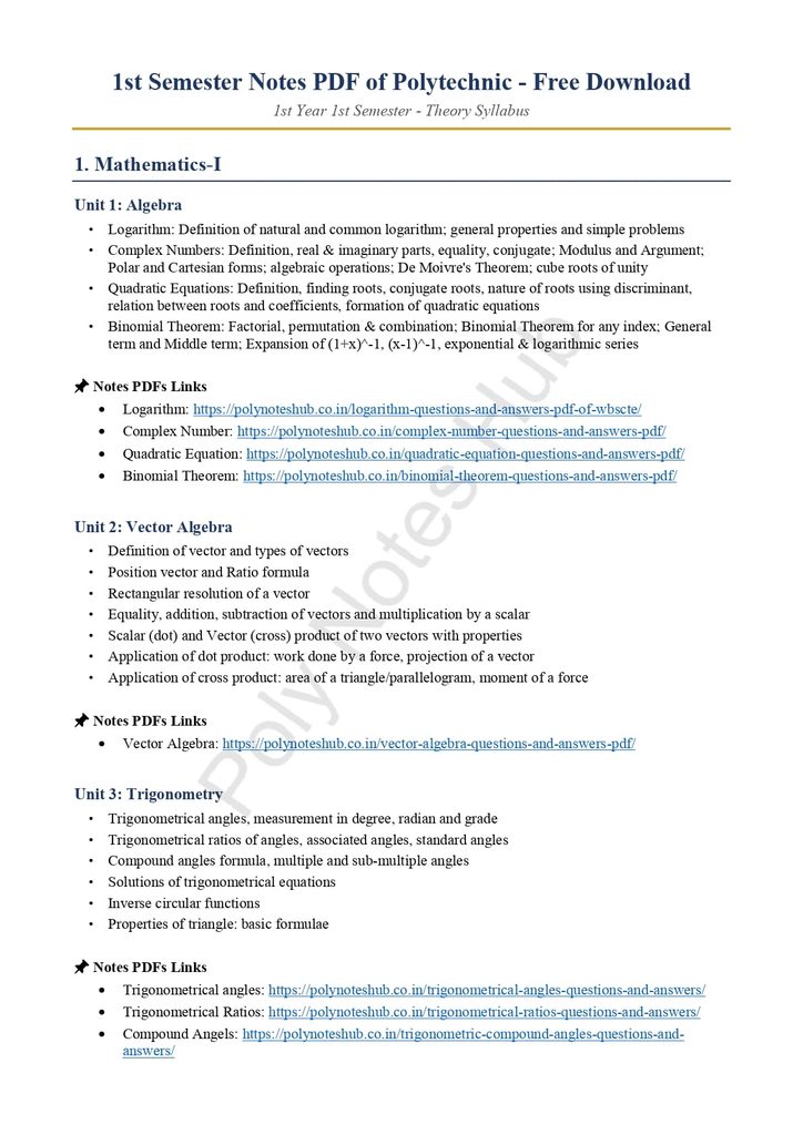 1st Semester Polytechnic Syllabus PDF of All Boards of Diploma Engineering Poly Notes Hub 1st semester polytechnic syllabus PDF of WBSCTE, MSBTE, DTE, PSBTE, UBTER, CSVTU, and other diploma engineering boards all over India - Poly Notes Hub