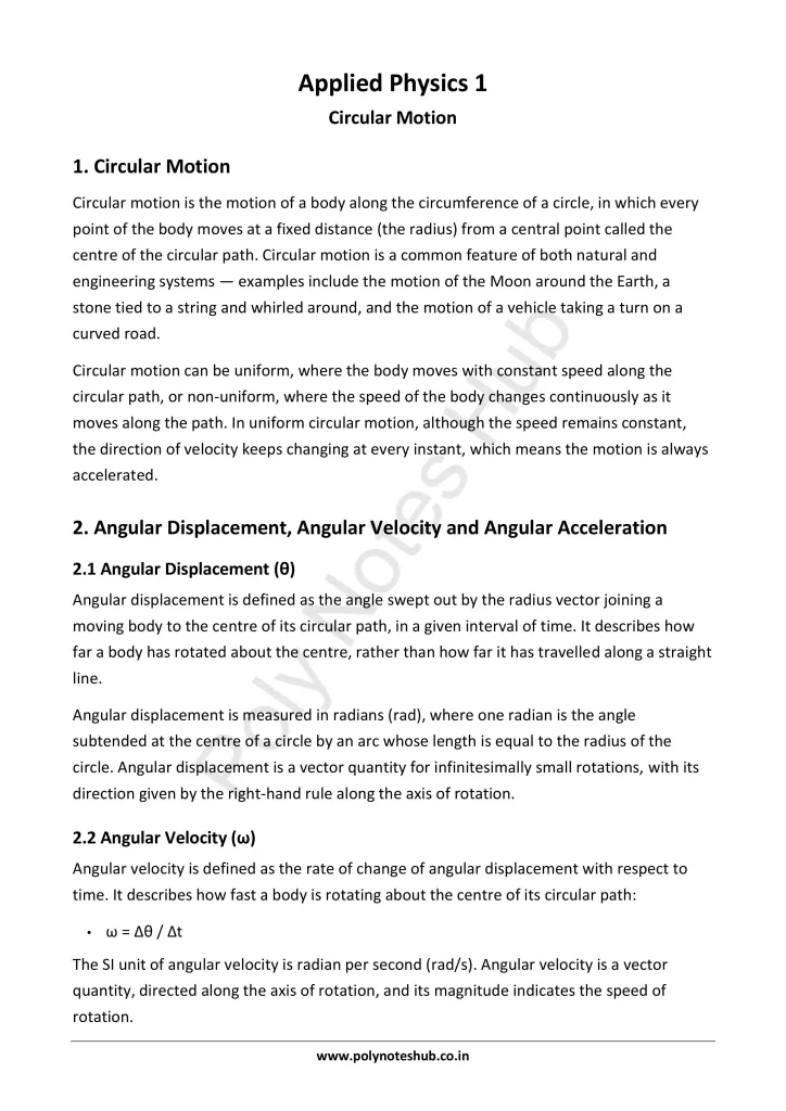 Circular Motion Notes PDF | Applied Physics 1 Free Study Materials - Poly Notes Hub
