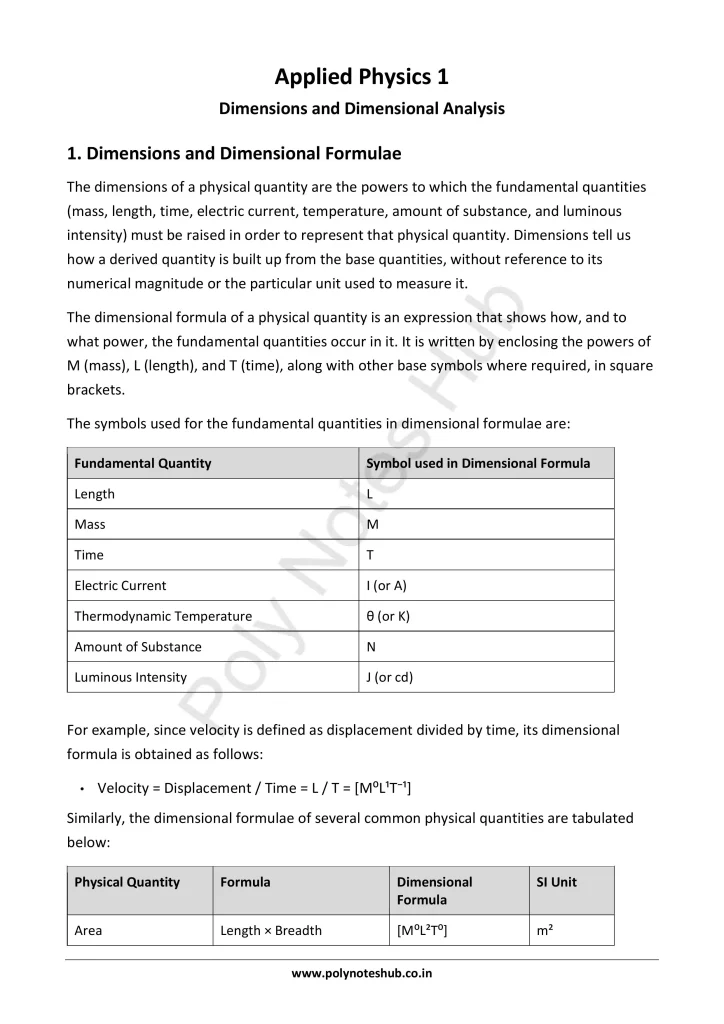 Dimensions and Dimensional Formulas Notes PDF | Applied Physics 1 Free Study Materials - Poly Notes Hub