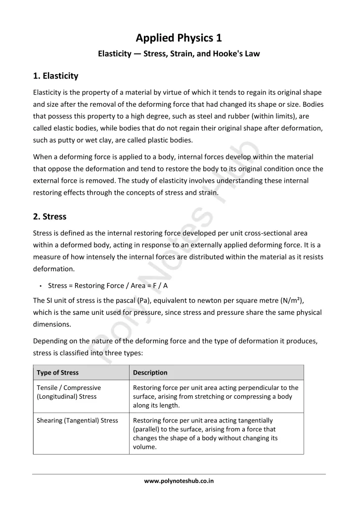Elasticity Notes PDF - Hooke's Law | Applied Physics 1 Free Study Materials Poly Notes Hub Elasticity Notes PDF - Hooke's Law | Applied Physics 1 Free Study Materials - Poly Notes Hub