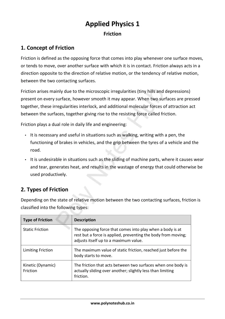 Friction Notes PDF - Types and Laws of Friction | Applied Physics 1 Free Study Materials - Poly Notes Hub