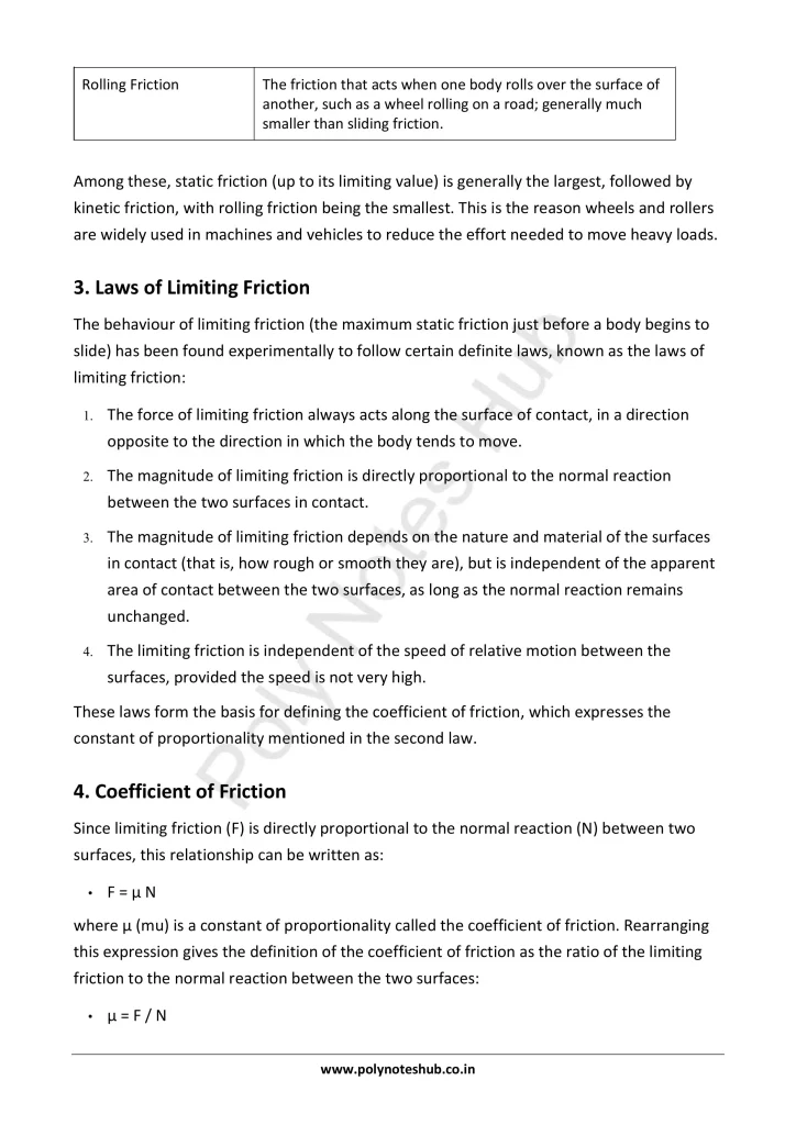 Friction Notes PDF - Types and Laws of Friction | Applied Physics 1 Free Study Materials - Poly Notes Hub