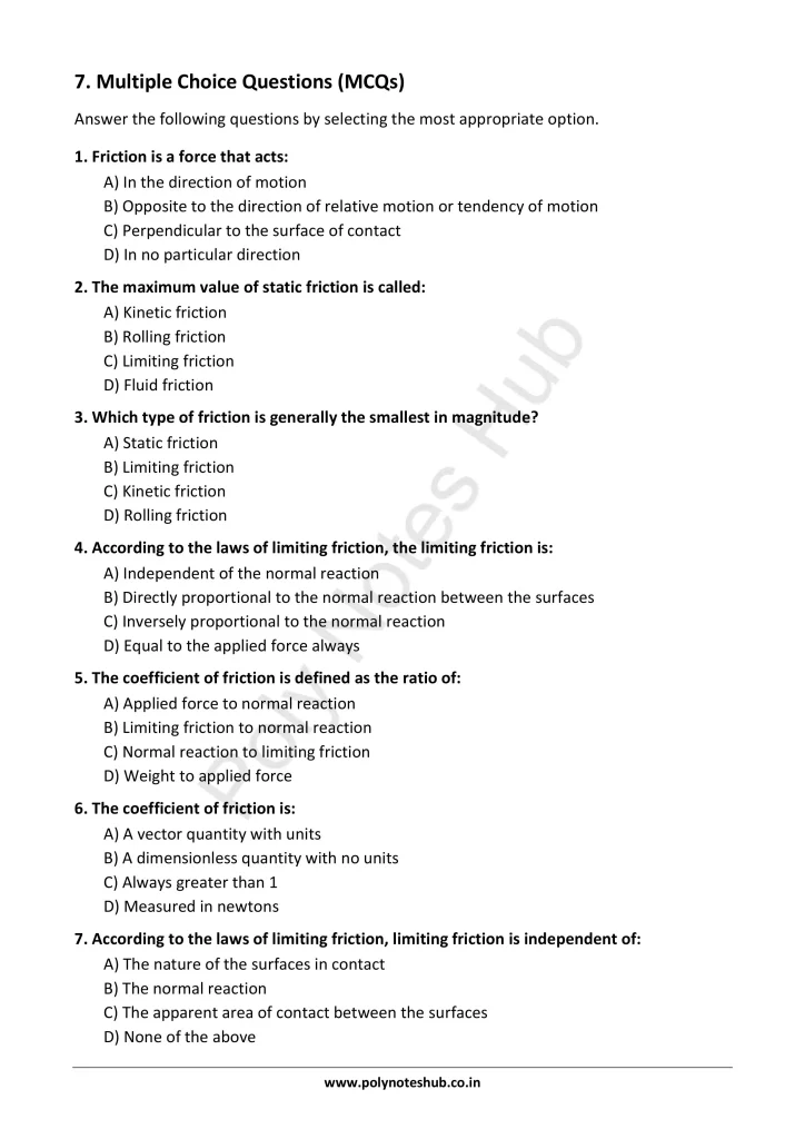 Friction Notes PDF - Types and Laws of Friction | Applied Physics 1 Free Study Materials - Poly Notes Hub