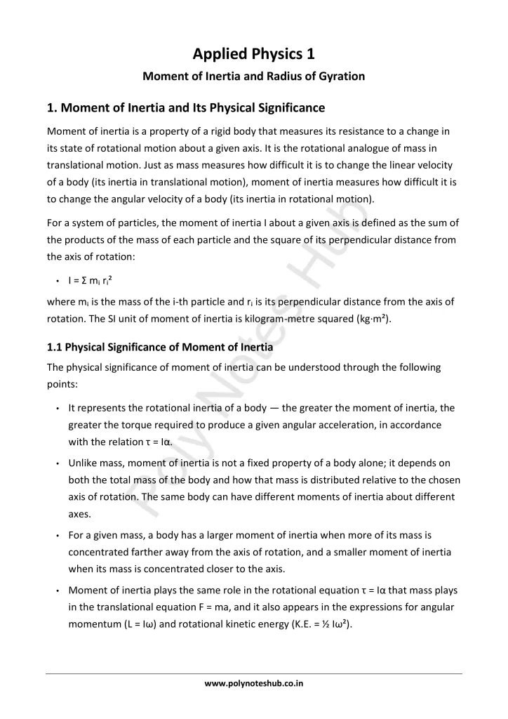 Moment of Inertia Notes PDF | Applied Physics 1 Free Study Materials Poly Notes Hub Moment of Inertia Notes PDF | Applied Physics 1 Free Study Materials - Poly Notes Hub
