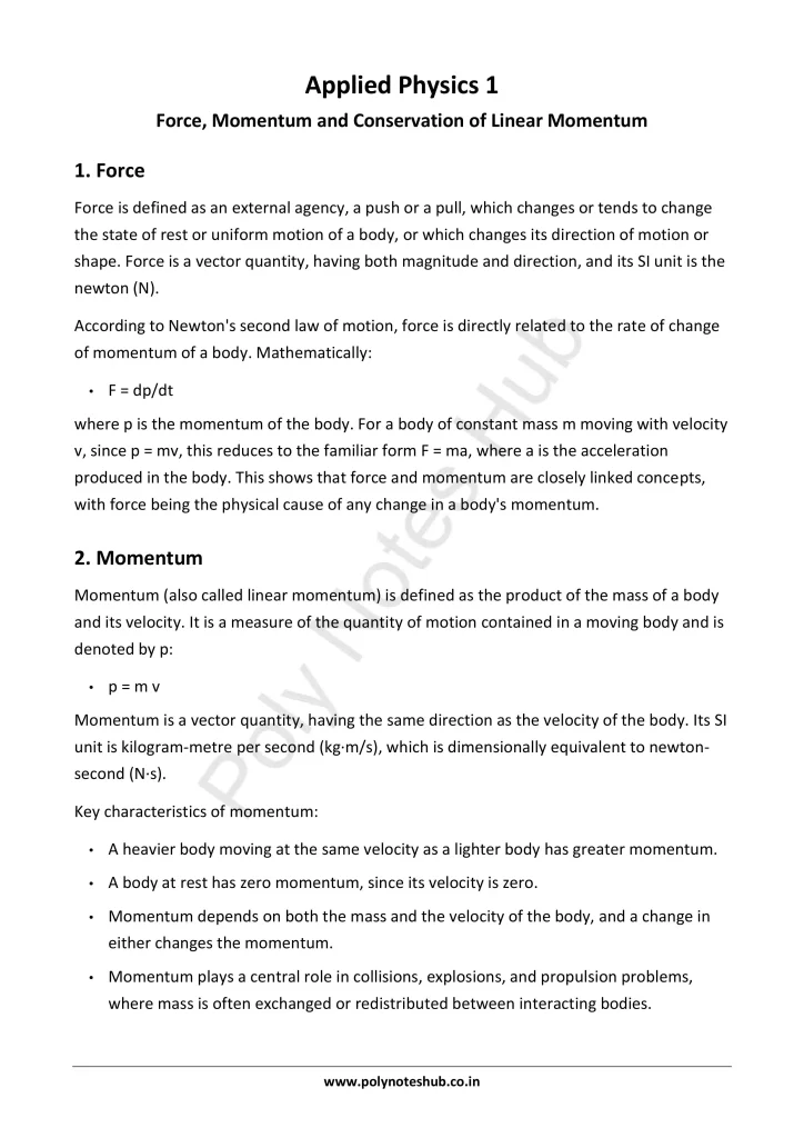 Force and Momentum Notes PDF | Applied Physics 1 Free Study Materials - Poly Notes Hub