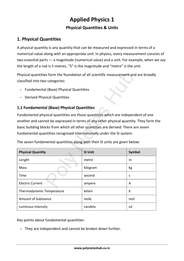 Physical Quantities Notes PDF | Applied Physics 1 Free Study Materials Poly Notes Hub Physical Quantities Notes PDF | Applied Physics 1 Free Study Materials - Poly Notes Hub