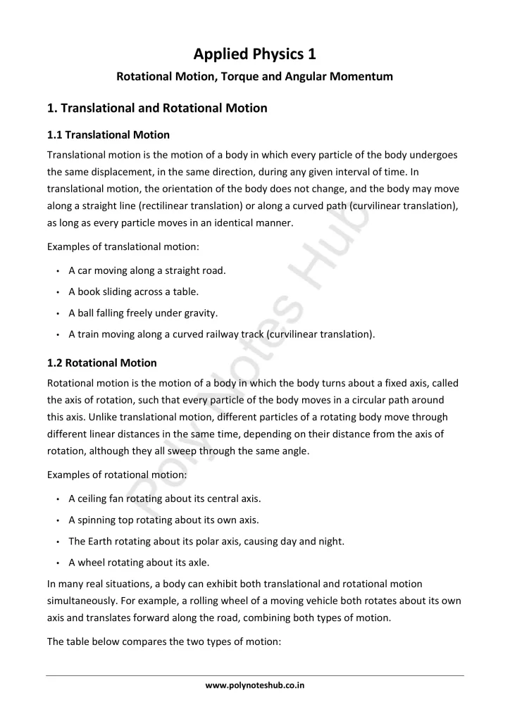 Translational and Rotational Motion Notes PDF | Applied Physics 1 Free Study Materials - Poly Notes Hub