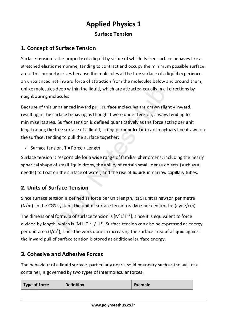 Surface Tension Notes PDF | Applied Physics 1 Free Study Materials Poly Notes Hub Surface Tension Notes PDF | Applied Physics 1 Free Study Materials - Poly Notes Hub