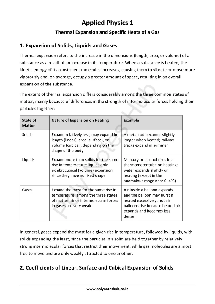 Expansion of Solids Notes PDF | Applied Physics 1 Free Study Materials - Poly Notes Hub