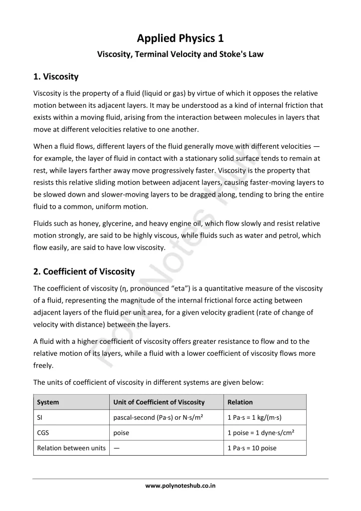 Viscosity and Coefficient of Viscosity Notes PDF | Applied Physics 1 Free Study Materials - Poly Notes Hub