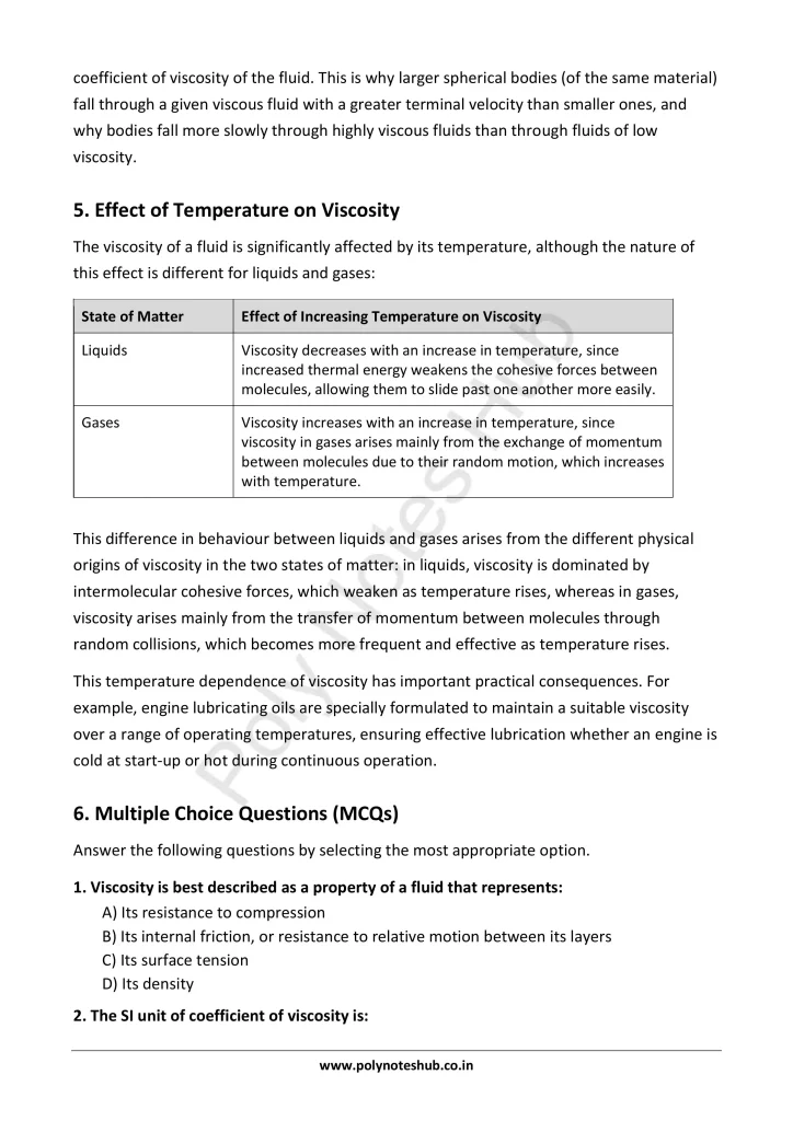 Viscosity and Coefficient of Viscosity Notes PDF | Applied Physics 1 Free Study Materials - Poly Notes Hub